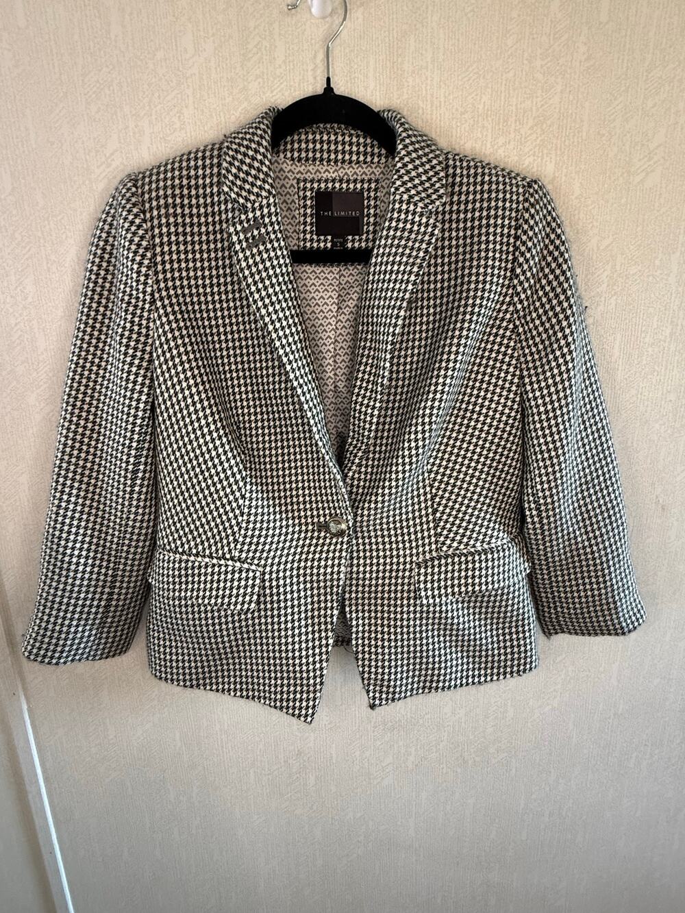 The Limited Petite Small Houndstooth Wool Blend Blazer Black White